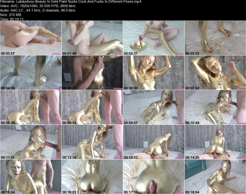 Красотка в золотой краске сосет член и трахается в разных позах