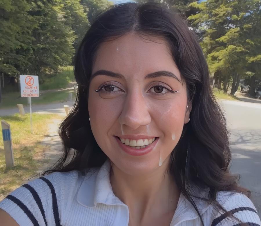 Прогулка со спермой на лице после секса в кущах